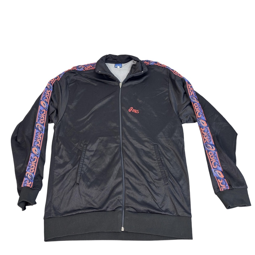 Asics Track Jacket Mens Large Black Full Zip Fleece Lined Tape Logo Embroidered